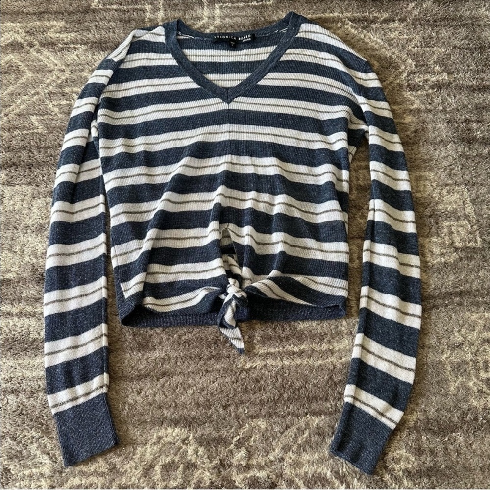 Veronica Beard Jeans Arthur Blue Stripe Linen Blend V Neck Sweater Tie Hem